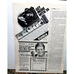 1978 Konica Camera and Terry Bradshaw New Man Hair Original print ad